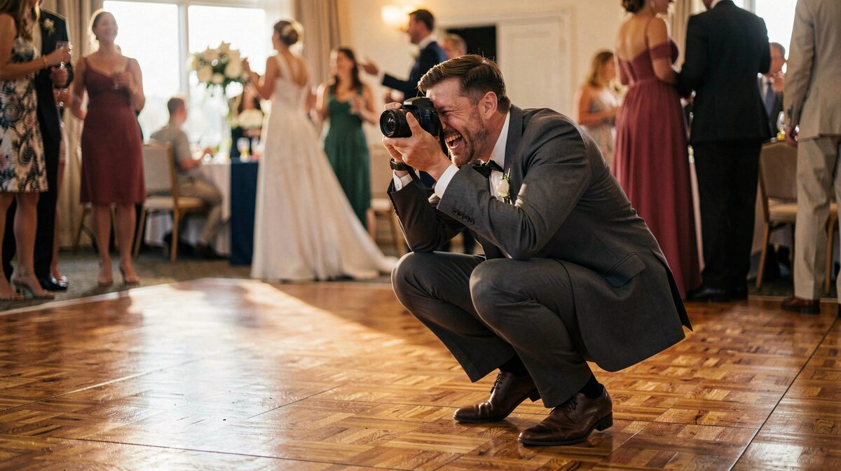 A photographer crouched at the edge of a wedding reception dance floor, camera raised, catching a guest mid-laugh while the band's light spills across the parquet.