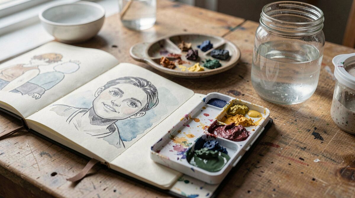 A wooden studio table in daylight, an open watercolour journal with a half-finished comic face beside a ceramic palette of dried pigments and a jar of cloudy water, shot from slightly above at a close crop.